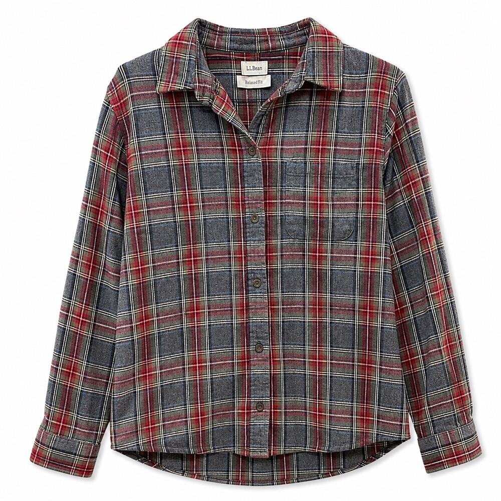 LL Bean Shirt Women Med P Gray Plaid All Cotton Flannel Slightly Fitted Shacket